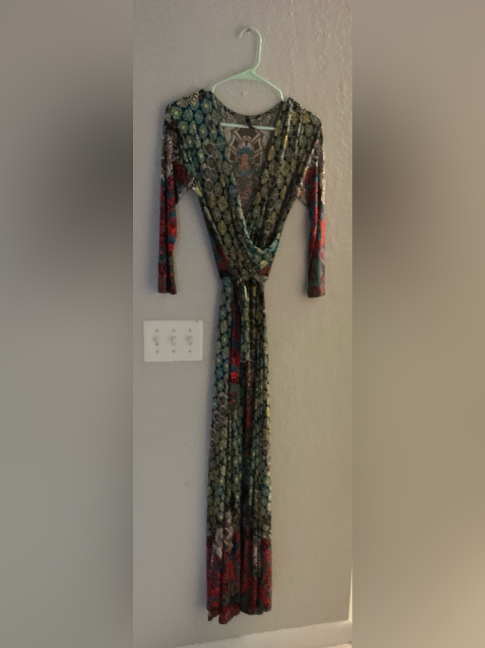 Tua Teal, Red and Gold Patterned Long Sleeve Wrap Maxi Dress